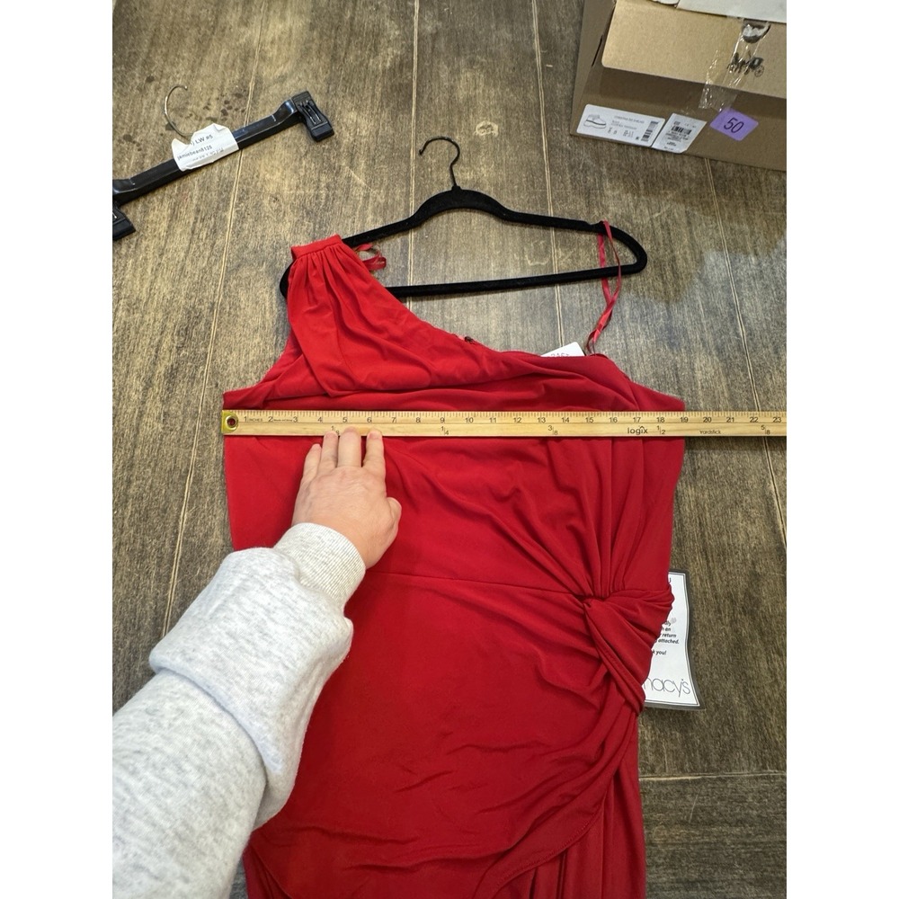 Xscape Red One-Shoulder Twist Jersey Cascading Evening Gown Size 16W $208 - Picture 7 of 13